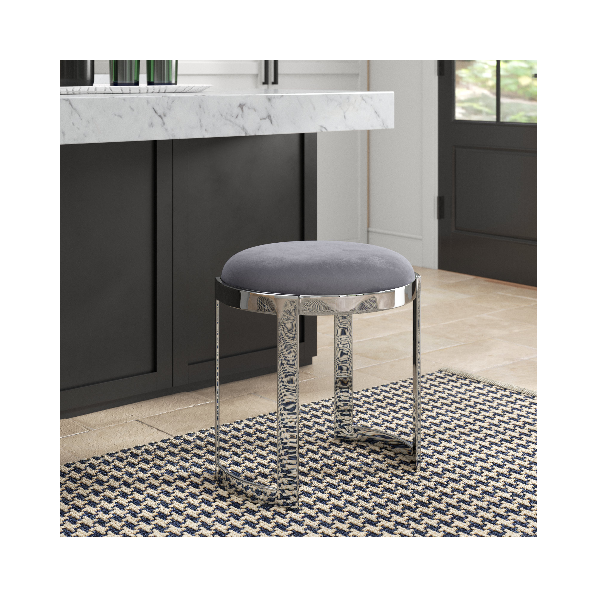 Nouri Metal Vanity Stool - Orion Velvet Ottoman Coffee Table – Modern Round Accent Stool with Gold or Silver Steel Frame