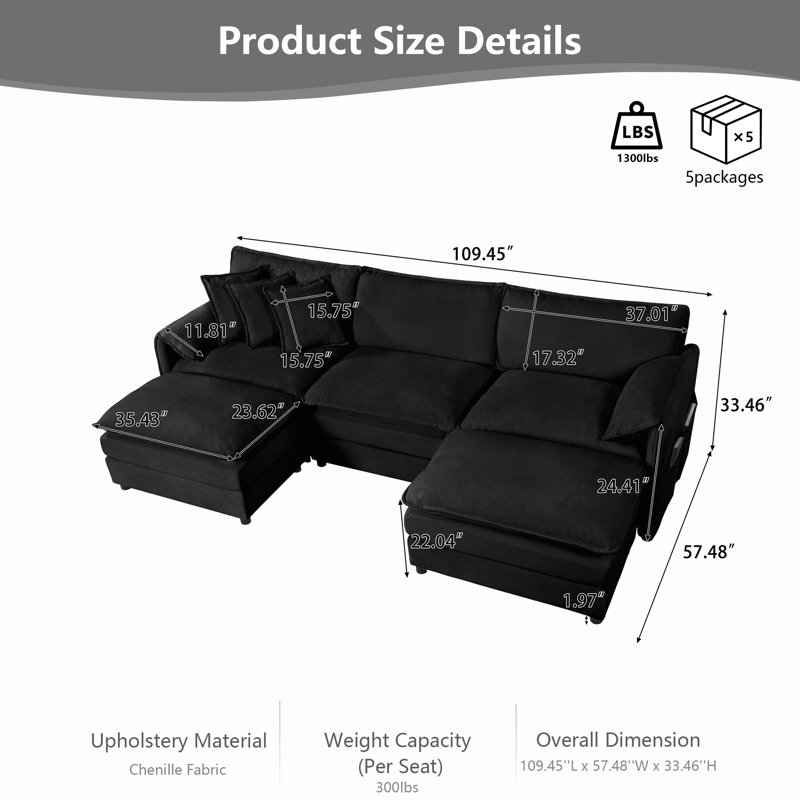 Canapé modulaire en forme de U avec 2 repose-pieds, canapé-lit surdimensionné à 5 places pour le salon, revêtement en chenille de qualité supérieure et confort mi-ferme