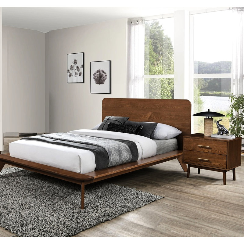 Chambre pleine grandeur en noyer 3 pièces, lit plateforme en bois massif et 2 tables de chevet, style transitionnel Mid-Century, tête de lit à panneau, pieds fuselés ronds, système de bout
