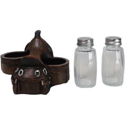 Country Western Cowboy Horse Saddle Salt Pepper Shakers Holder