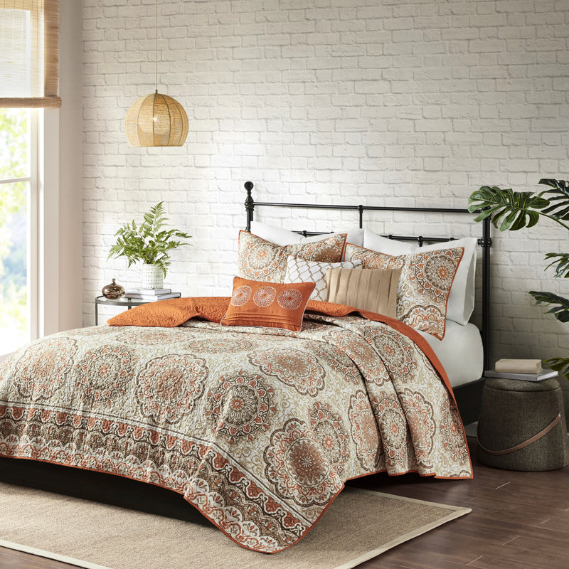 Literie très grand / très grand de couleur orange, médaillons floraux, coussins brodés, 3 taies décoratives et 2 coussins 6 pièces, courtepointe réversible orange