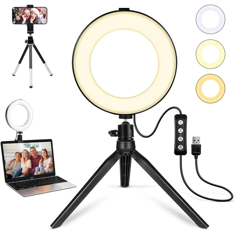 Anneau lumineux 6 po 2-en-1 à DEL avec support pour trépied et support pour téléphone, 3 modes d'éclairage et 11 niveaux de luminosité pour les vidéos, le maquillage, la photographie et la diffusion en direct sur YouTube