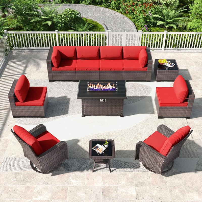 8 - Person Outdoor Furniture Rattan Patio Set With PE Rattan Base Fire Pit Table And Coffee Table, Red