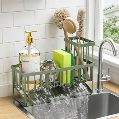 Kitchen Sink Caddy Sponge Holder With Brush Holder 304 Stainless Steel Sage Green