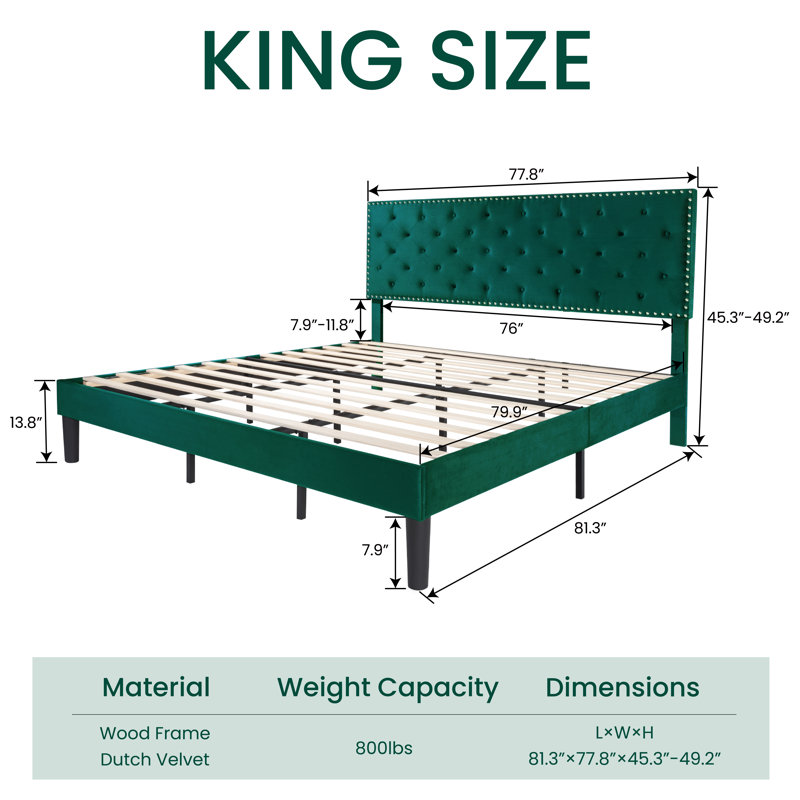 Aleiny Velvet Bed with Adjustable Upholstered Headboard, King, Green