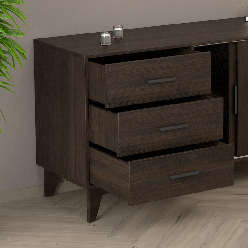 Meuble télé Parker avec portes coulissantes et tiroirs en brun foncé