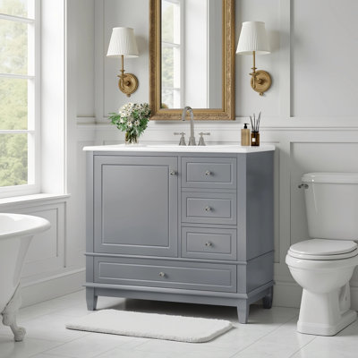 36"W Free-Standing Single Bathroom Vanity Set With Ceramic Sink, Solid Wood Frame, 3 Drawers & Cabinet With Door Shelves