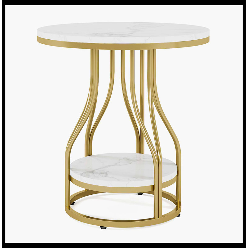 Table de bout à 2 niveaux, table d'appoint ronde avec structure en métal, Blanc, Doré
