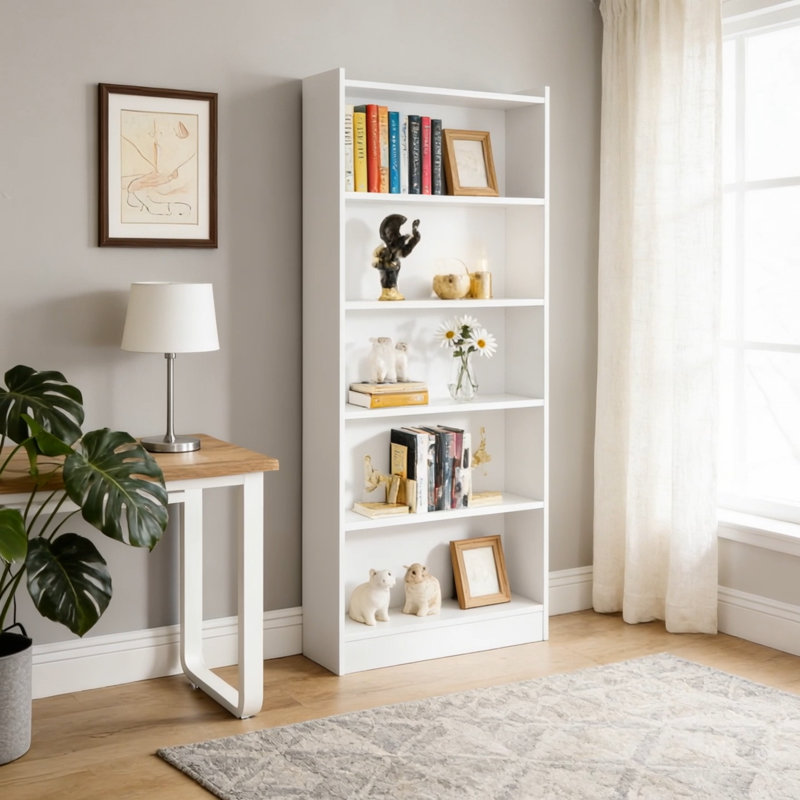 Bibliothèque en bois, bibliothèque de 72 po de hauteur avec tablettes de rangement ouvertes à 6 niveaux, Blanc