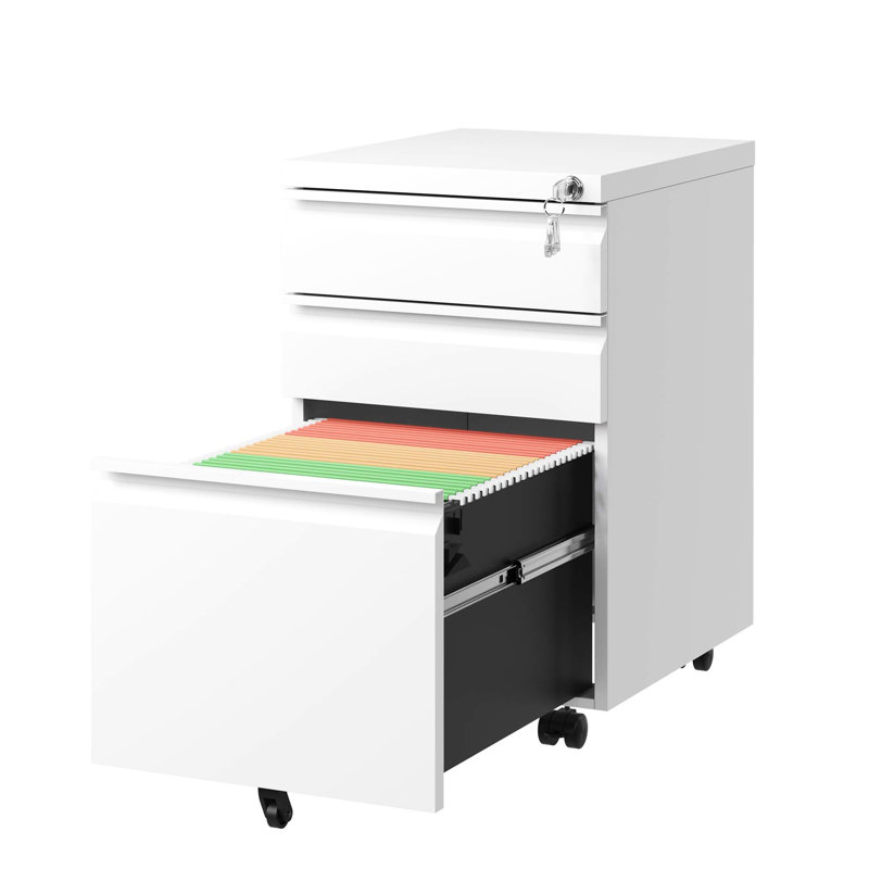 3 Drawer Mobile File Cabinet In White With Lock. Fully Assembled For Office. Stores Letters/Legal/A4. Secure Organization. Drawers Feature A Removable Pencil Tray. Smooth Glide On 5 Wheels. Metal