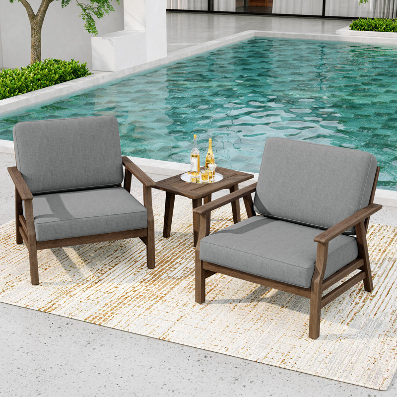 Shweta Solid Wood Outdoor Three Pieces Chair Conversation Seating Group With Cushions And Side Table, Gray, Black