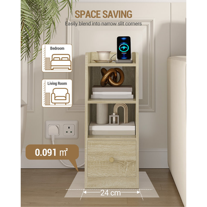 Slim Bedside Tables with Charging Station, Narrow Bedside Cabinet with Drawer, USB & Type-C Ports, Nightstands with Adjustable Shelves for Bedroom, Living Room 