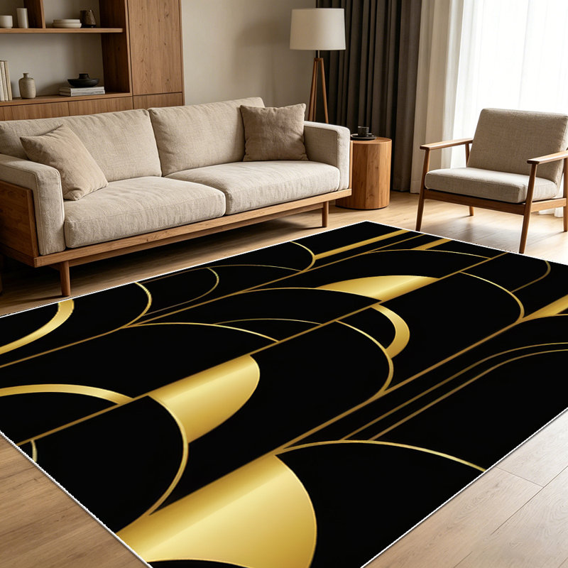 1PC Black and Gold Geometric Circle Striped Art Deco area rugs for Living Room, Soft and Comfortable, Suitable for all seasons, easy-to-maintain, machine washable Indoor floor mat, Under Table Farmhouse suitable for dining room, bedroom, entryway,...