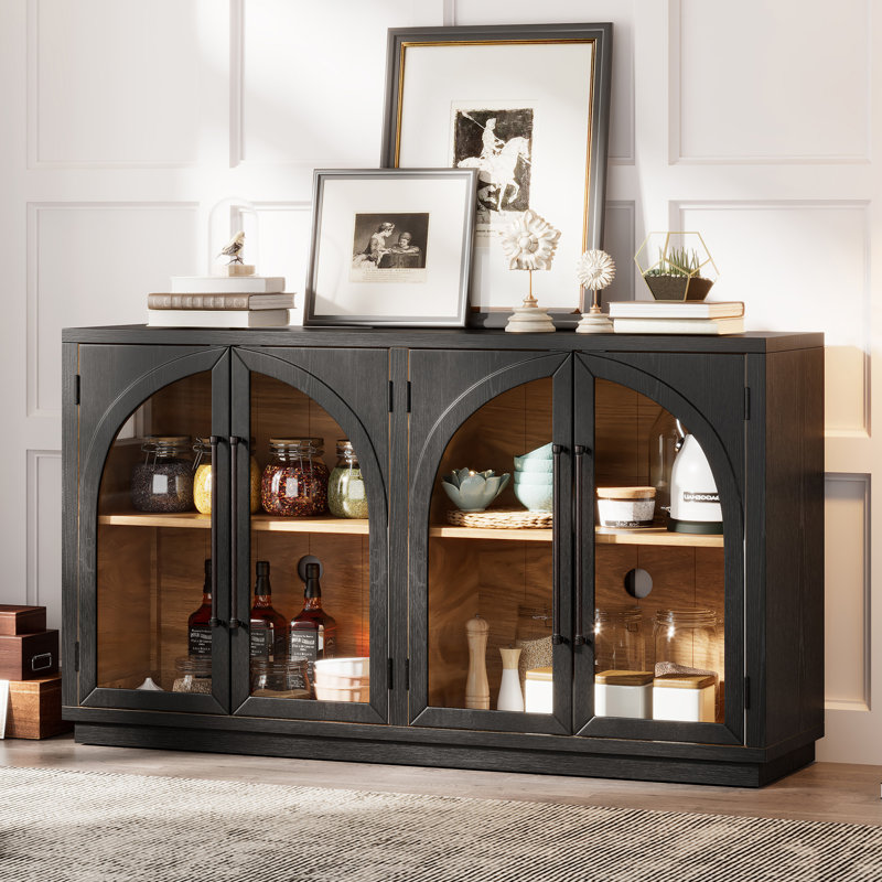 4-Door Large Storage Sideboard Buffet Cabinet With Glass Doors, Arched Cabinet With Adjustable Shelves For Kitchen, Dining Room And Living Room