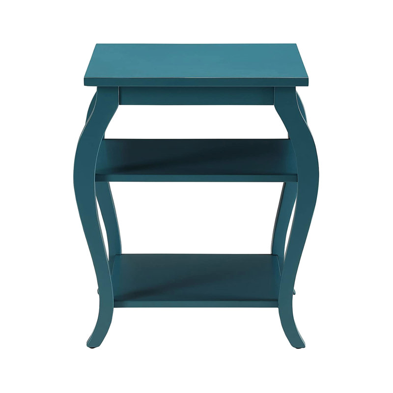 Table de bout sarcelle avec plateau carré et 2 tablettes, pieds en bois, solution de rangement ouverte, tablettes de 18 po x 18 po x 23 po pour le rangement, corps principal, base 18 po x 18 po