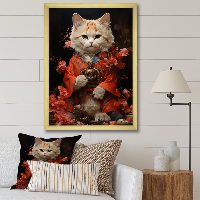 Ouzay, Japon, art ondulant Manekineko I, H 20 po x l 12 po x P 1 po, Encadrement doré