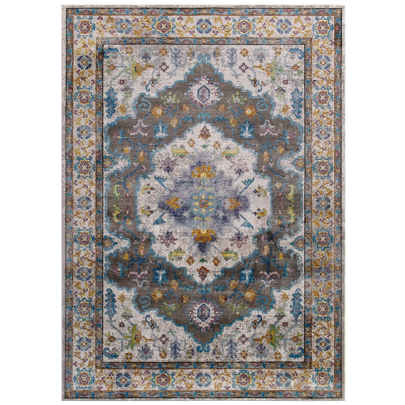 Modway Success Anisah Distressed Floral Vintage 5x8 Area Rug in Gray, Ivory, Yellow, Orange, Rectangle 8' x 10'