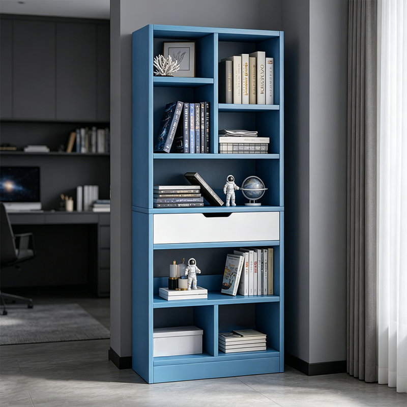 Bibliothèque en bois à tablettes ouvertes de 61 pouces de hauteur avec 8 cubes et un tiroir, Bleu