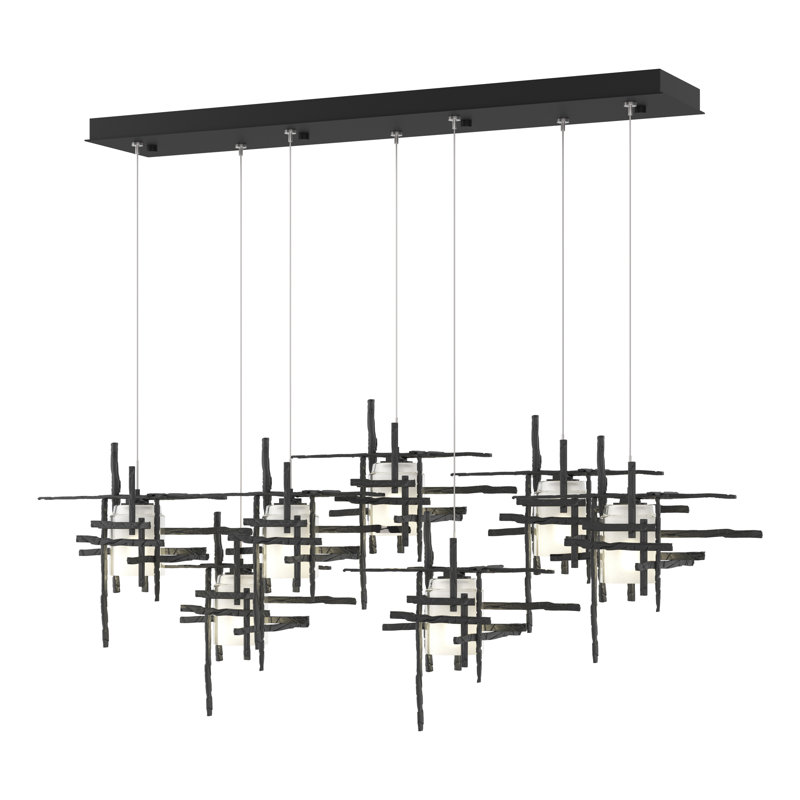 Tura 7-Light Glass Rectangular Pendant, 30" - 80", Seeded Clear, Black