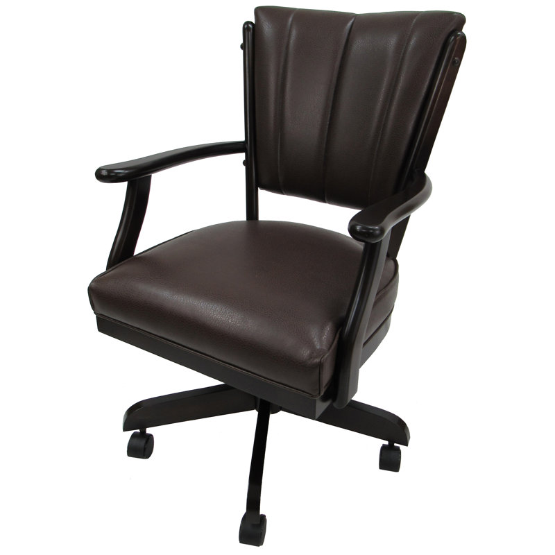 Keshera Swivel Wood Caster Chair with Arms, Brown Vinyl, Dark Cherry Wood