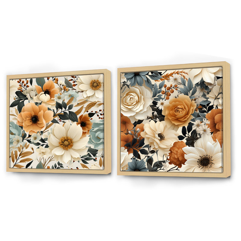 Vannie - Ensemble de 2 collages carrés floraux, H 16 po x l 33 po, Cadre flottant brun