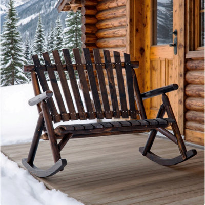 Outdoor Wooden Rocking Chair, Double-Person Rustic Adirondack Rocker
