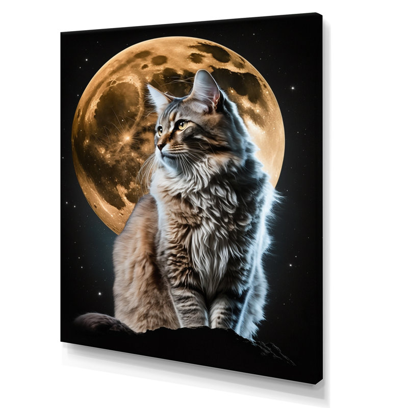 Chat majestueux sous la pleine lune - impression, Toile tendue, H 32 po x l 16 po x P 1 po