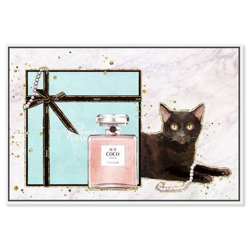 Cat Glam Blue Box - impression sur toile, H 30 po x l 45 po, Cadre flottant blanc