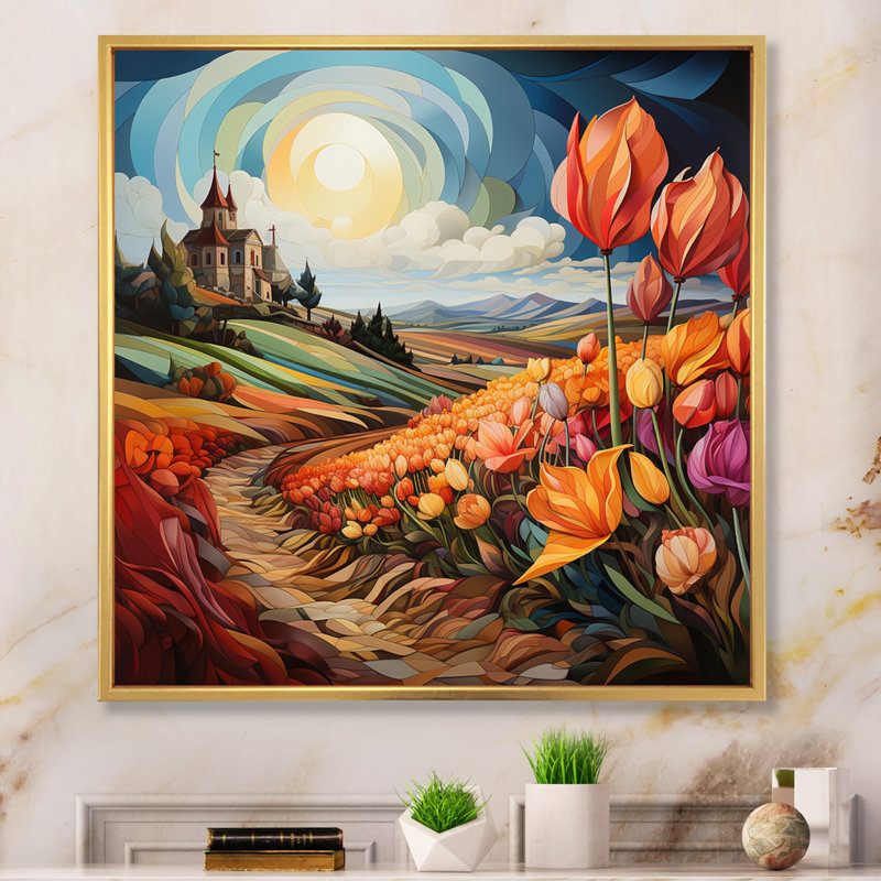 Orange Teal Netherlands Tulip Tapestry Rows - Landscapes Canvas Wall Art, 24" H x 24" W, Black Picture Framed