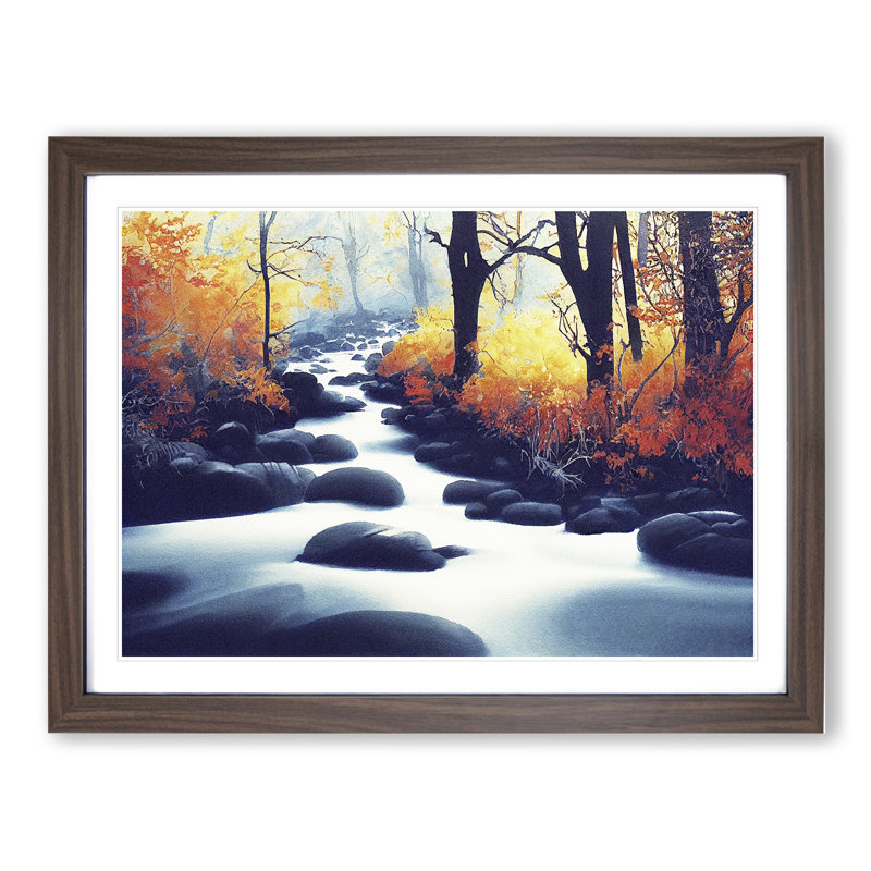 Autumn Forest Stream Vol.2 - Single Picture Frame Print, 25cm H x 34cm W x 2cm D, Walnut Framed