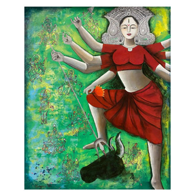Mahishasura Mardini Goddess Durga Acrylic & Charcoal Painting by Kangana Vohra – 36x30 inches, Mythological, Spiritual Wall Art