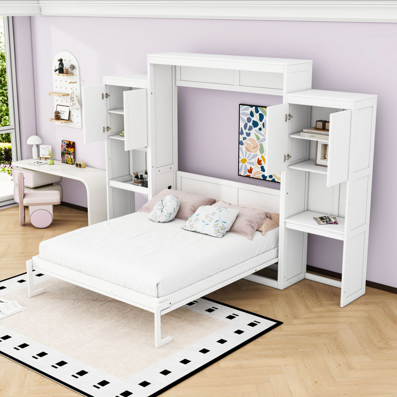 Queen Murphy Bed with Desk and Cabinets, White