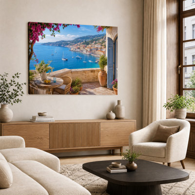French Riviera Terrace Bougainvillea Sea View Canvas Wall Art Mediterranean Coastal Decor