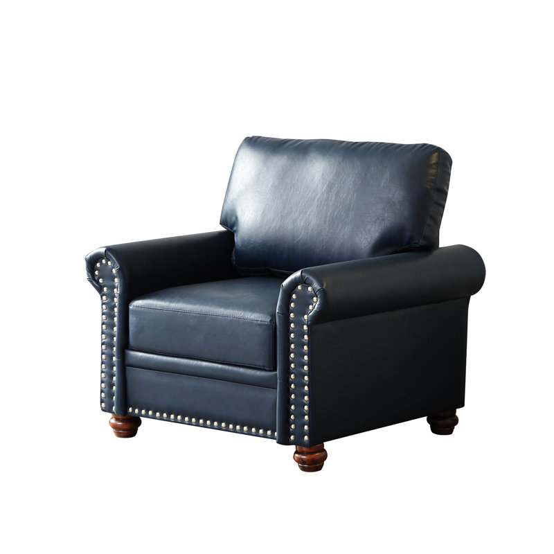 Siège bleu marine avec pieds en bois massif et coussin de dossier, similicuir, pieds, Marine