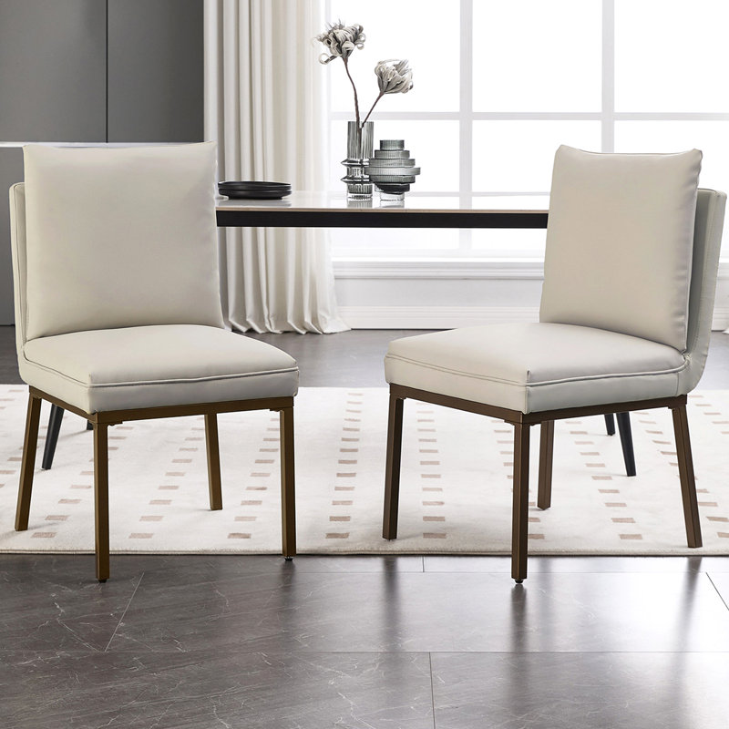 Flaux Leather Upholstered Metal Dining Chairs, Gray, Brass