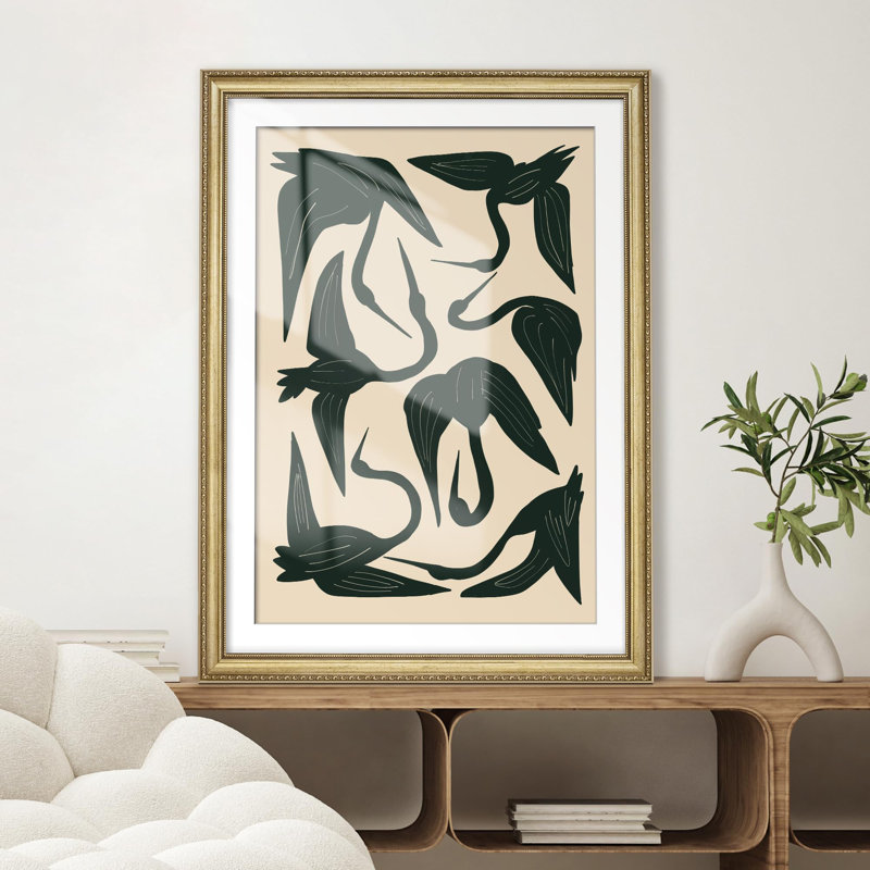 "Oiseaux abstraits minimalistes en vert foncé, illustrations impressionnistes, décoration murale encadrée dorée", Blanc