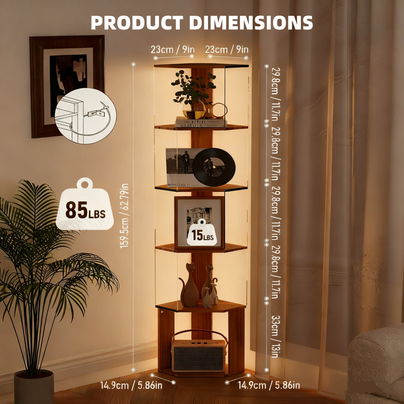 Tall Corner Bookcase With Dimmable LED Light Corner Floor Lamp