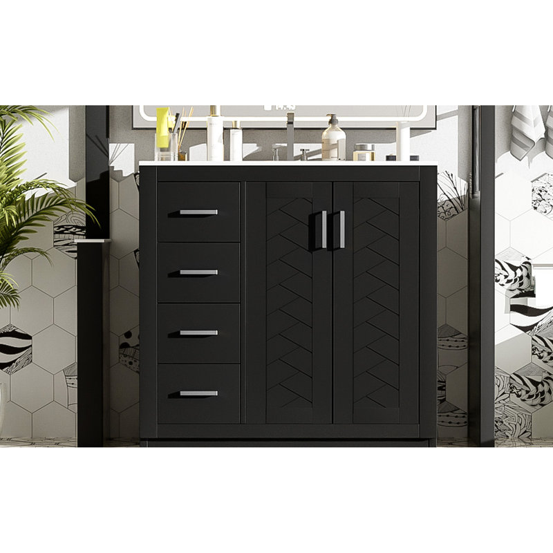 Meuble-lavabo de 36 pouces avec lavabo en céramique, structure en bois massif, charnières, rangement, rangement spacieux pour les produits, style rétro, poignée en métal exquis, glissière à tiroir lisse, lavabo polyvalent de 36 po