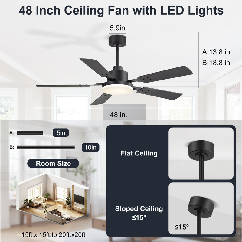 Ventilateur de plafond 48 po avec lumières et télécommande, DEL 3CCT, moteur CC réversible à 6 vitesses, pales noir / noyer à double face, minuterie, intérieur et extérieur couvert