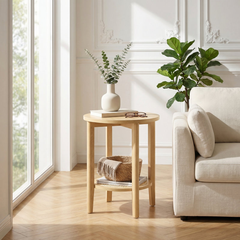 Round End Table, 2-Tier Boho Side Table, Oak Beige