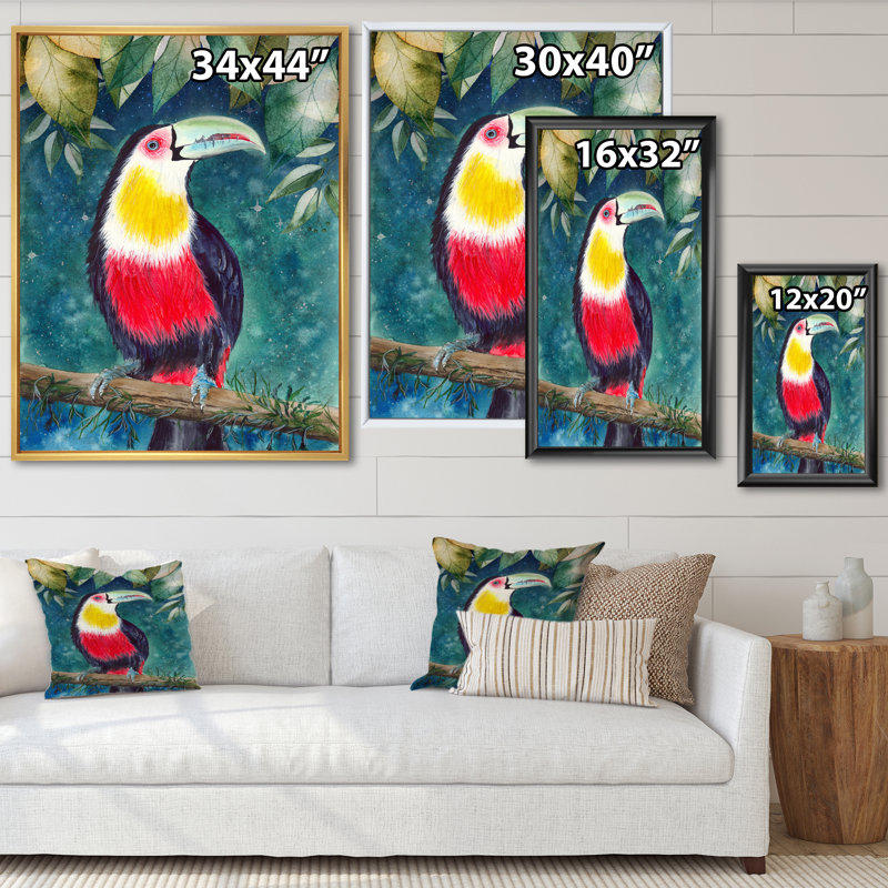 Toucan sur une branche d'arbre avec feuilles d'émeraude - reproduction sur toile, H 40 po x l 30 po x P 1,5 po