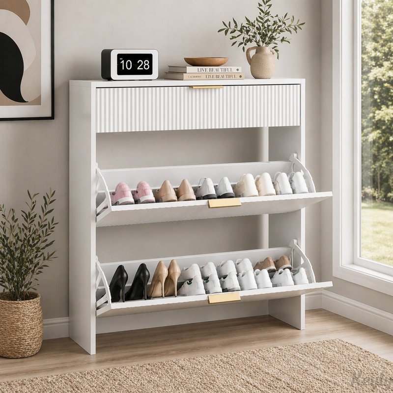 Rangement à chaussures étroit cannelé avec poignées dorées (blanc), White