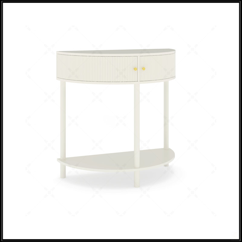 Artisan-Crafted Wave-Pattern Demi-Lune Console Table With Creamy White Finish, Unique Half Moon Design End Table With 2 Storage Drawers And Bottom Shelf For Living Room, Bedroom, Study, Hallway
