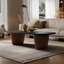 Table basse Japonaise, plateau de table en placage de noyer avec incrustation de bois, pieds en dalle épaisse, table centrale moderne à profil bas pour le salon