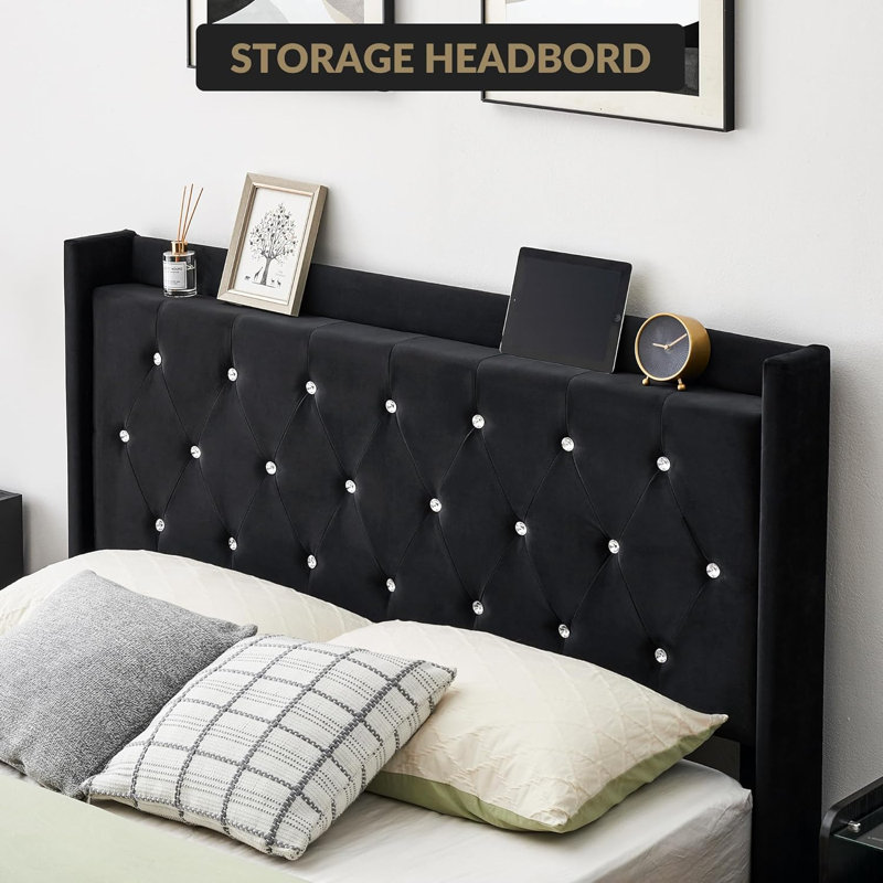 Full Size Bed Frame with LED Lights, Modern Wood Floating Bed Frame with Storage, Black, Full