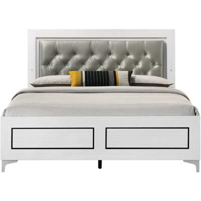 Contemporary White Queen Bed, Led Headboard, Gray Pu Padding, Metal Legs, Button-, No Box Spring Needed Bed Featuring Synthetic Leather, Required