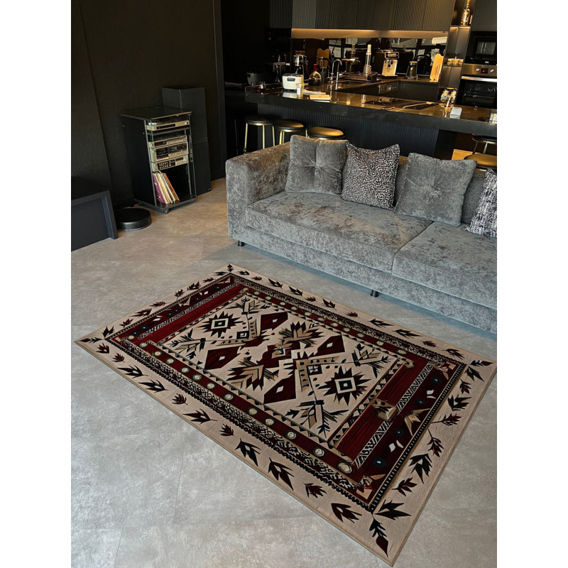 Tapis décoratif rétro bourgogne et beige, Rectangle 3 pi 11,24 po x 5 pi 10,87 po