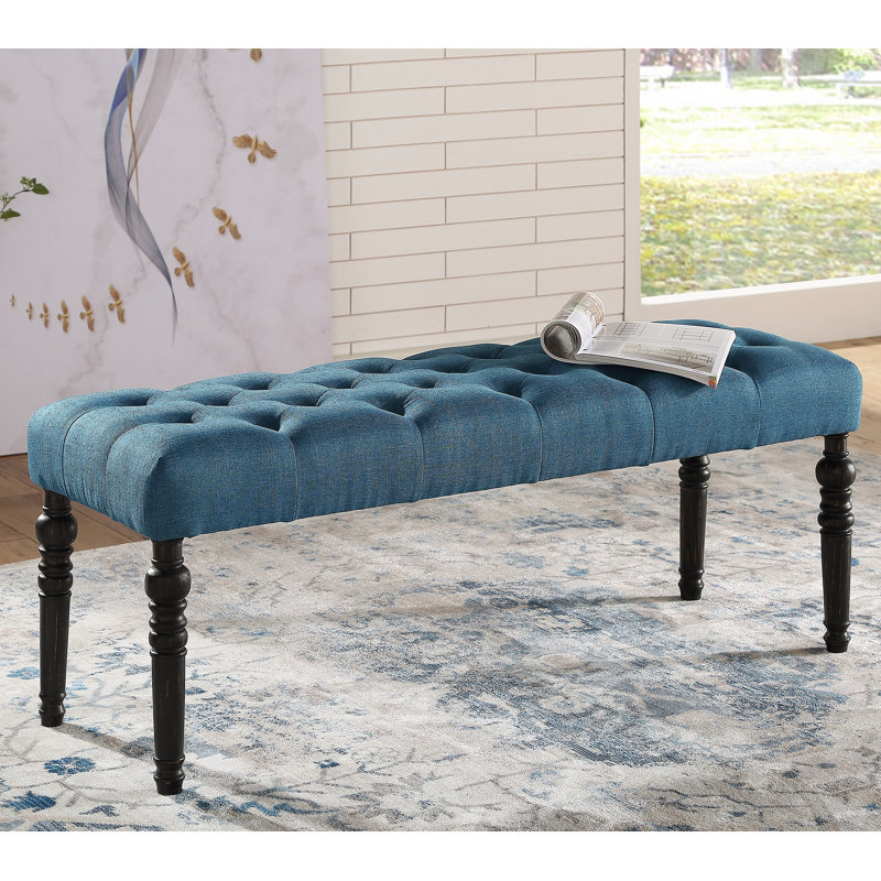Tufted Turned Leg  Dining Bench, Blue