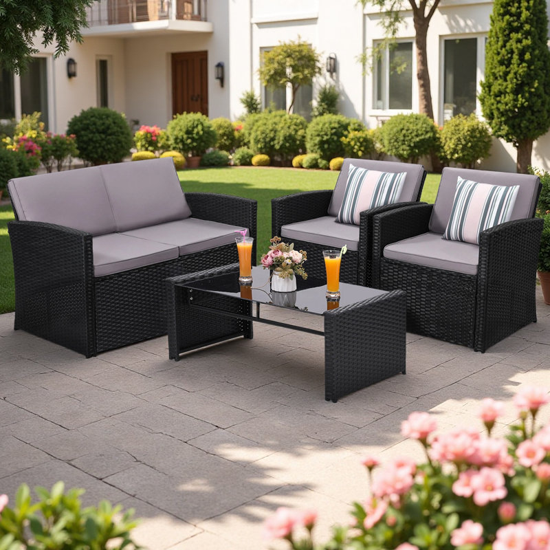 4-Piece All-Weather Wicker Patio Set – Rattan Sectional Sofa with Cushions and Glass Table, Black Frame/Grey Cushion