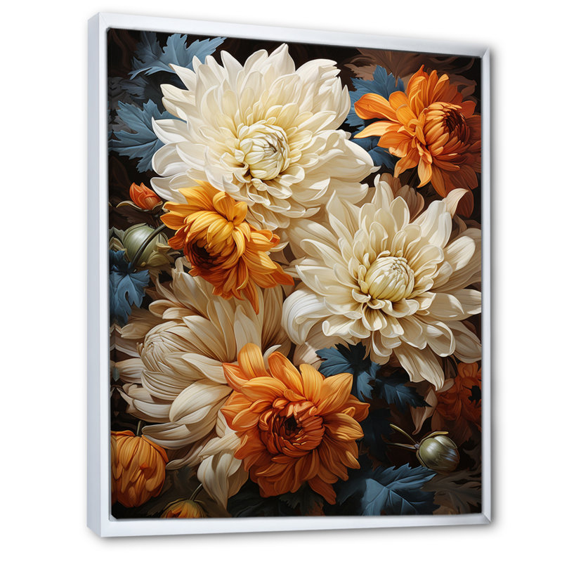 Yilin Chrysanthemums Autumn Gold Showcases - Chrysanthemums Wall Art Decor, H 32 po x l 16 po x P 1 po, Cadre flottant blanc